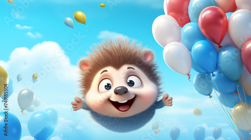 Illustration, image of a hedgehog with balloons. Birthday card illustration.