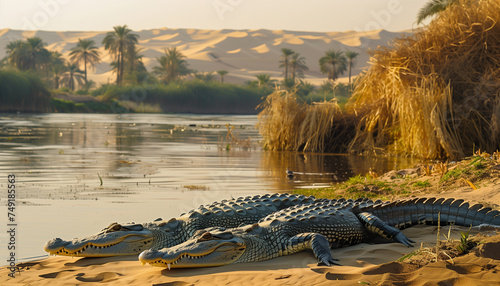 Two crocodiles lie on a sandy riverbank with desert dunes and palm trees in the background photo