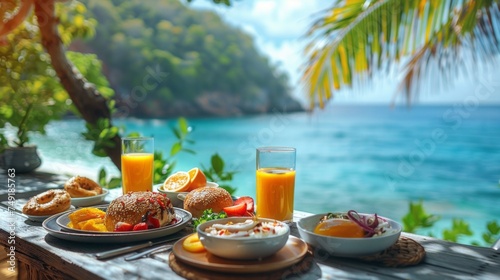 Luxury breakfast table with food for two with beautiful tropical sea view background