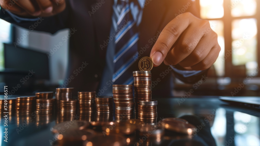 person in professional attire stacking coins into piles on a reflective surface, with a focus on savings or financial growth.