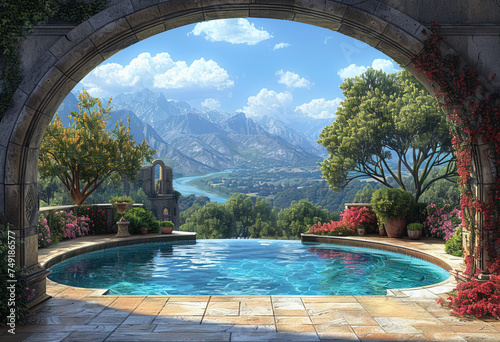 Swiming pool outside house, Beautiful view. Created with Ai