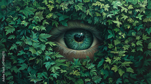 Amidst a sea of green, a lone eyeball covered by delicate foliage stares out, blending the lines between the observer and the observed photo
