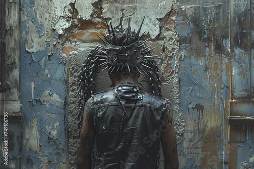 Amidst the ruins of conformity, the punk lord emerges, a symbol of rebellion crowned with spikes and chains photo