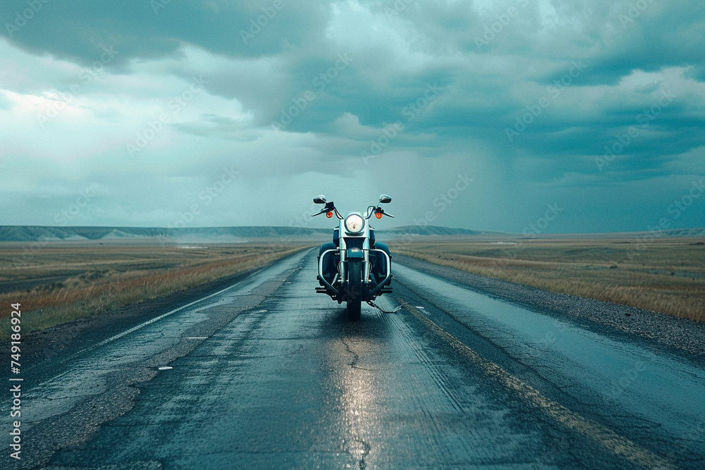 Cinematic shot of a lone motorcycle parked in the middle of an empty road, symbolizing solitude and the journey ahead - obrazy, fototapety, plakaty 
