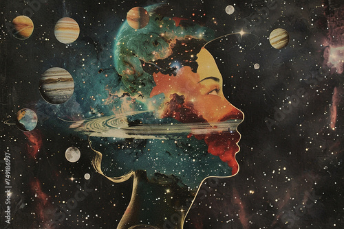 Collage art of a persons profile with their mind opening up to reveal a universe filled with stars, planets, and vintage space craft illustrations