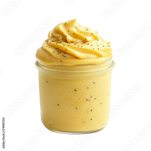 front view of a refreshing passionfruit mango mousse in a jar isolated on a white transparent background. photo
