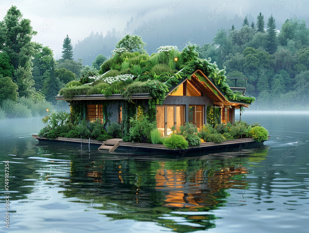 Floating eco-friendly house with a green roof on a serene lake. Sustainable living and eco-tourism concept for poster and eco-resort advertising. Realistic 3D illustration with natural landscape