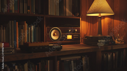 In a cozy corner, a stereo emits a warm sparkle, a beacon of sound and solace in the quiet evening