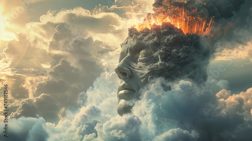 In an otherworldly scene, a human head crowned with a volcano peeks through the clouds, a symbol of powerful change