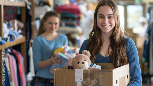 cheerful young woman is holding a box of donated items in a thrift store setting, with another person visible in the background. © HelenP
