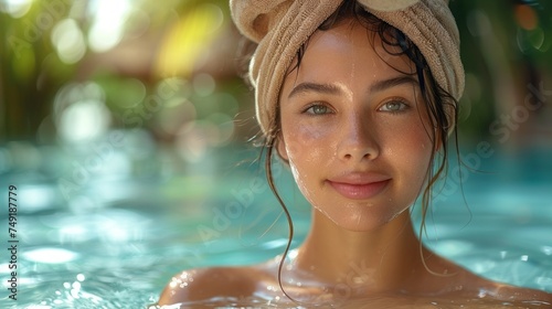 Asian natural beauty woman wellness spa skincare banner panorama on tropical beach background.