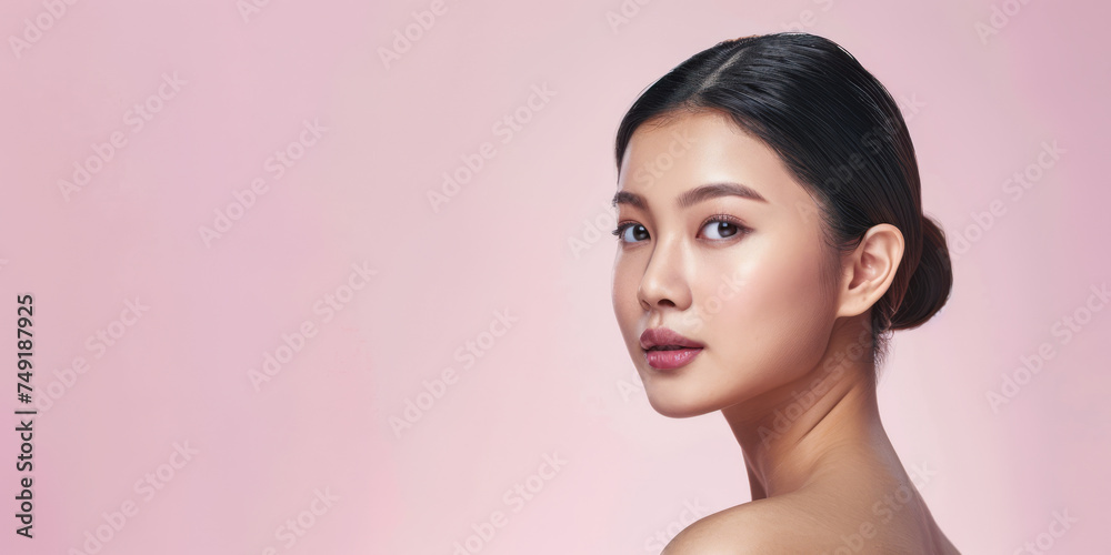 Young Asian woman portrait showcasing her skin care with a a copy space background Young Asian woman portrait showcasing her skin care with a a copy space background