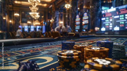 An opulent casino setting with a luxurious ambiance, where patrons are using elegant, Bitcoin-themed chips for gambling. The casino features advanced, digital displays showing real-time © arhendrix