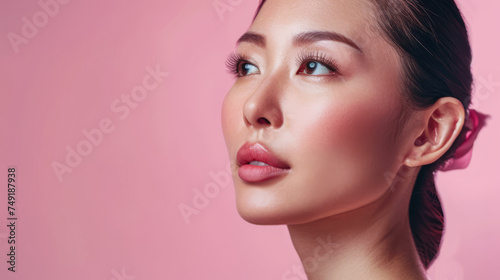Young Asian woman portrait showcasing her skin care with a a copy space background