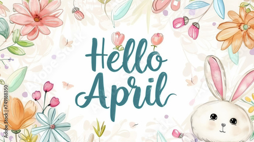 April month illustration background with pastel colors drawing with written Hello April to celebrate start of the month