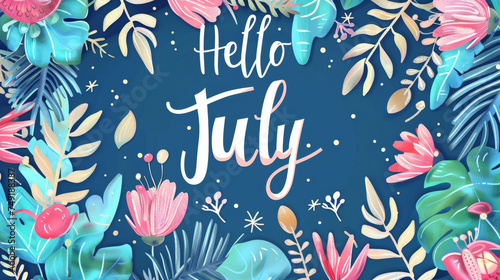 July month illustration background with pastel colors drawing with written Hello July to celebrate start of the month