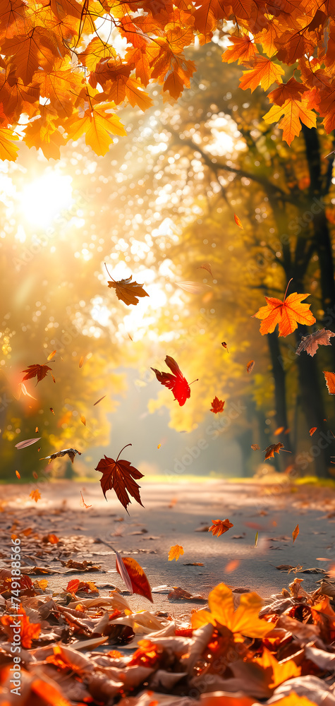 © lucky pics - Beautiful autumn view with colorful foliage in the park. Falling leaves background with copy space and selective focus. Neural network generated in January 2024. Not based on any actual scene or © lucky pics - Beautiful autumn view with colorful foliage in the park. Falling leaves background with copy space and selective focus. Neural network generated in January 2024. Not based on any actual scene or