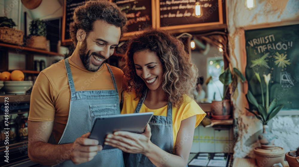 Fototapeta premium couple standing closely together and smiling while looking at a tablet they are holding.