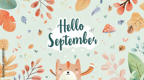 September month illustration background with pastel colors drawing with written Hello September to celebrate start of the month photo