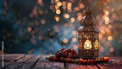 Low light photo of Lantern, Dates fruit and rosary beads for Ramadan and Eid greeting. copy space - generative ai