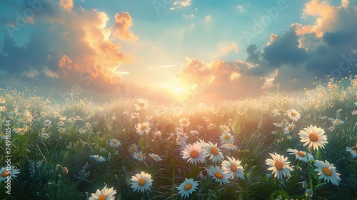 white flowers daisies, clovers and dandelions in grass against of dawn morning. Ultra-wide panoramic landscape