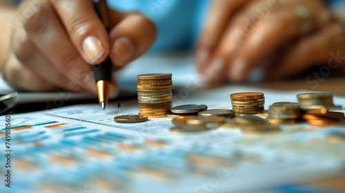 A Person Checking Coins and Financial Documents on a Desk