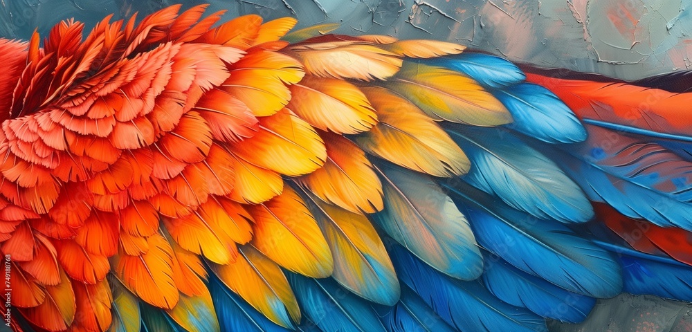 Fototapeta premium Colorful Scarlet macaw bird's feathers with red yellow orange and blue shades, abstract background