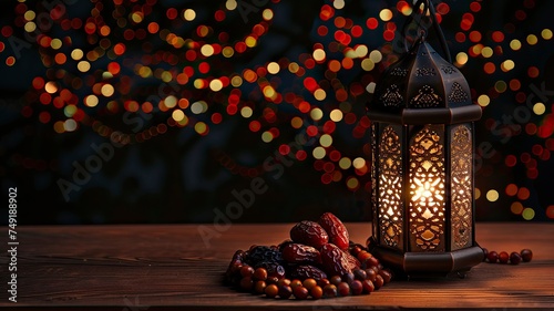 Low light photo of Lantern, Dates fruit and rosary beads for Ramadan and Eid greeting. copy space - generative ai