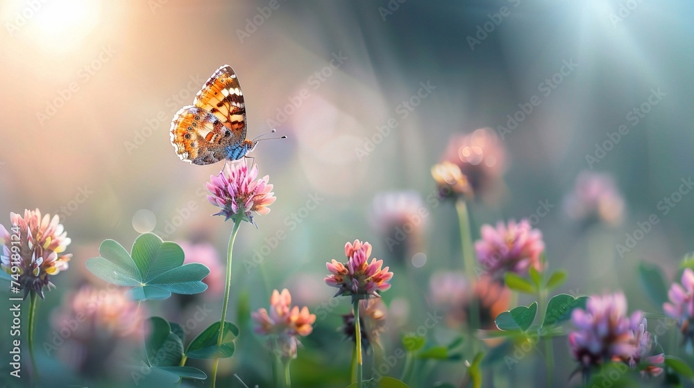 Wild flowers of clover and butterfly in a meadow in nature in the rays of sunlight in summer in the spring close-up of a macro.,