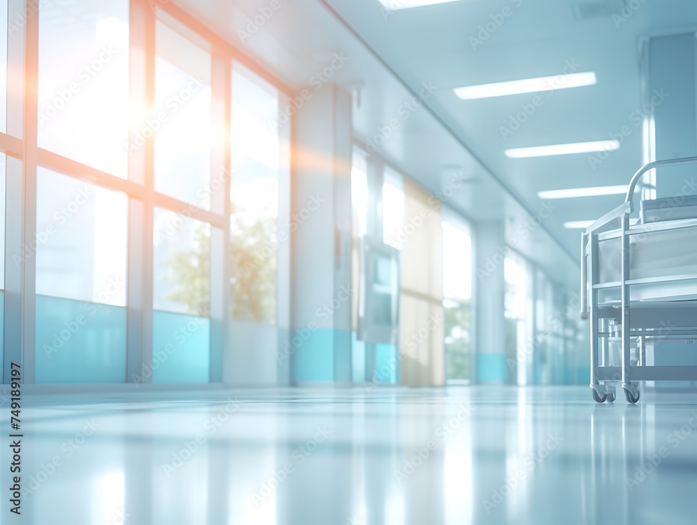 Fototapeta premium Empty hospital corridor with hospital bed and sunlight