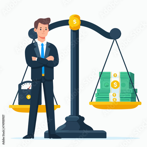 Flat design illustration of a business man balancing his investment in currency and real estate investment