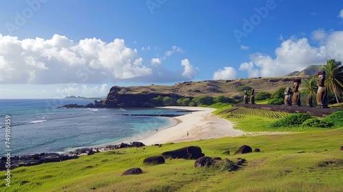 Anakena Beach is Easter Island and probably the largest in Chile. With palm tree.Ai generated photo