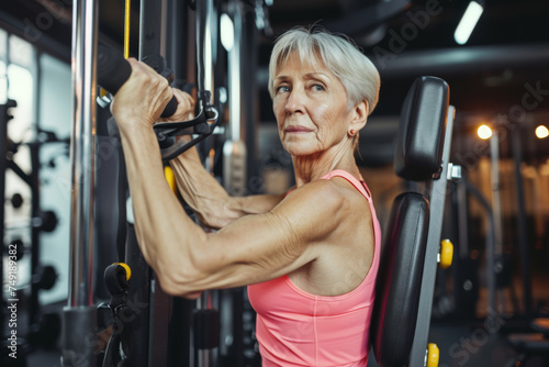 An elderly woman exercises on a gym machine, demonstrating determination and commitment to maintaining her health and fitness in later years.