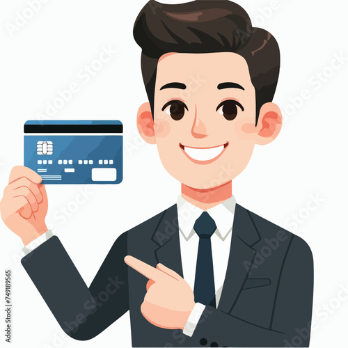 Flat design illustration of business man with transaction card pointing with finger