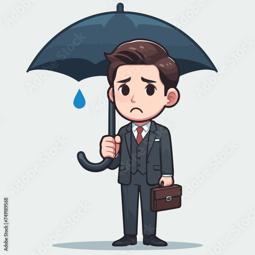 Flat design illustration of a moody business man with an umbrella in the rain