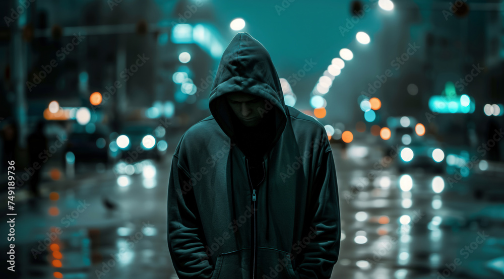 Unidentified man in a dark hoodie on a dark blurry city street Unidentified man in a dark hoodie on a dark blurry city street