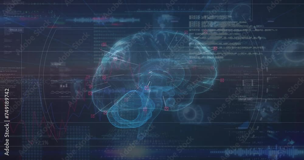 Animation of brain with network of connections and data processing on blue background