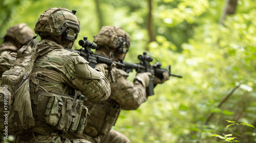 Elite military special forces operate covertly within the dense forest, utilizing stealth and precision to execute their missions amidst the challenging terrain. © Evgeniia