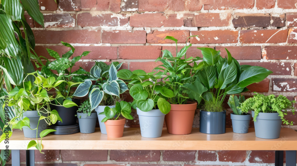 Lush green plants in various pots are positioned against a rustic brick wall, creating a charming and picturesque scene.