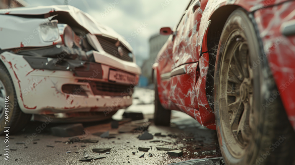 close-up of a car crash scene showing two damaged vehicles with a focus on the crumpled red car's front side and shattered pieces scattered on the road. close-up of a car crash scene showing two damaged vehicles with a focus on the crumpled red car's front side and shattered pieces scattered on the road.