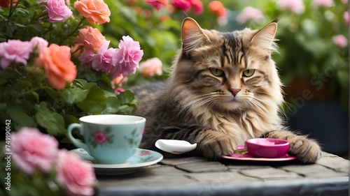 beautiful cat sitting in garden with cup of coffee or tea generated AI, Peaceful Garden Scene with Cat and Refreshing Drink, Cat, Coffee, and Tea Harmony, Tranquil Cat Relaxing in Garden, with tea