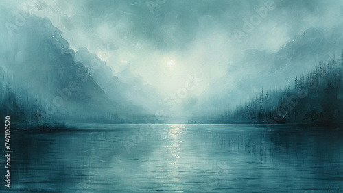 Fantasy landscape with lake and mountains in the fog. 3d rendering