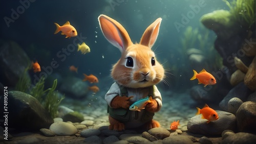 Little rabbit talking to fish, The Easter Bunny loves fish swimming, Fairy tale Easter bunny and fish
