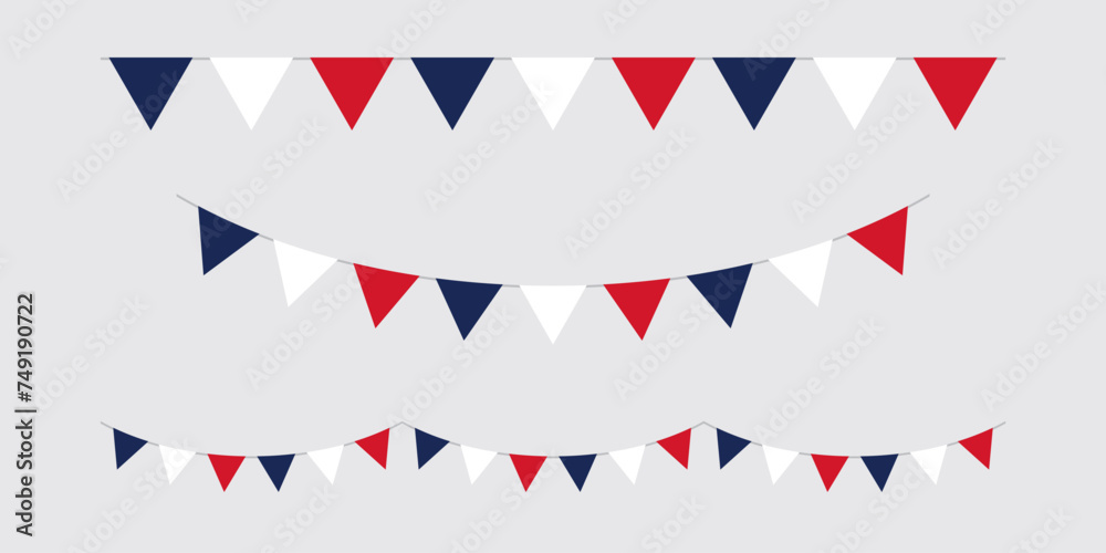 Seamless red, white and blue flag triangle party bunting border. Flat vector illustration.	