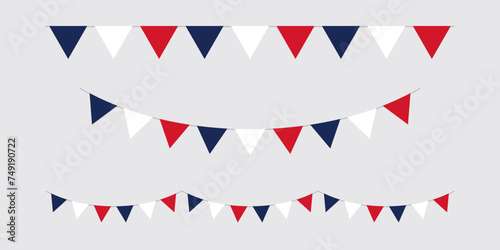 Seamless red, white and blue flag triangle party bunting border. Flat vector illustration.	 photo