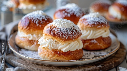 Semla dessert with soft cream cheese texture in seamless pattern. Ai is generated
