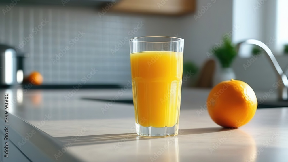 Freshly squeezed orange juice in a glass on the kitchen table, soft drink with vitamin C, vegetarianism, orange juice for breakfast, healthy lifestyle, Freshly squeezed orange juice in a glass on the kitchen table, soft drink with vitamin C, vegetarianism, orange juice for breakfast, healthy lifestyle,