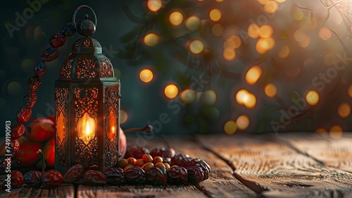 Low light photo of Lantern, Dates fruit and rosary beads for Ramadan and Eid greeting. copy space - generative ai