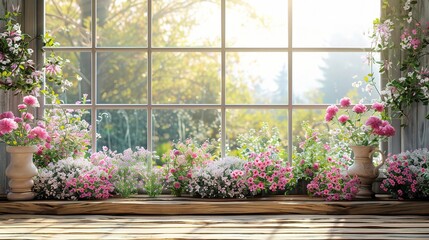 Wood table top on blur of window with garden flower background in morning