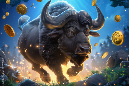 Animated buffalo exploring a fantasy game universe